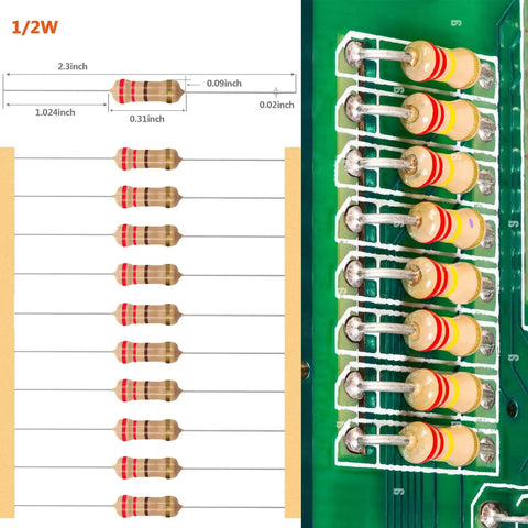 Diagram and circuit board featuring Ultimate 2600 Piece Resistor Kit with 130 Values from 1 Ohm to 3M Ohm 0.5W Carbon Film Resistors.