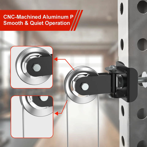 2 Pack Rotating Pulley Attachment For 3x3 Power Rack Swivel Aluminum Cable Setup With 1 And 5/8 Inch Adapters showing CNC-machined aluminum pulley.
