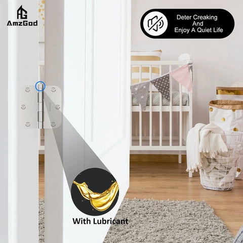 Open door showing Brushed Nickel Door Hinges 3-Pack 3.5 Inch Interior Hinges 5/8" Radius Rounded Corners with Screws in a nursery.