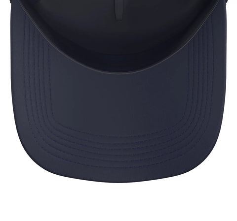 Top view of Glider Winch Launch Trucker Hat For Sailplane Fans Adjustable Mesh Back Navy Blue Cap With Takeoff Thrills And Soaring Flight Vibes