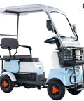 Big Boy Two Seater Electric Golf Cart With Knobby Off Road Tires And Rock Solid 60V Lithium Power Plant Throttling Out At 800W, side view, blue with black seat.