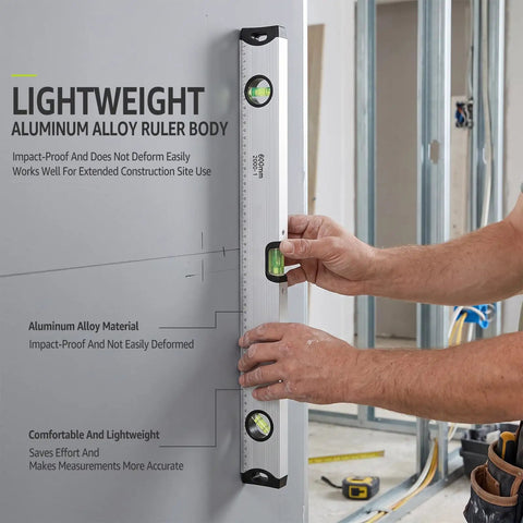 LYIYEYAN 24-Inch Magnetic Torpedo Spirit Level, Heavy Duty Ruler for Carpen held against a wall, displaying bubble levels, aluminum alloy.