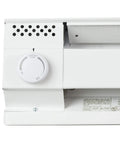 Close-up of Single Pole Built In Thermostat Kit For Electric Baseboard Heaters F Series, white dial, easy install on heater.