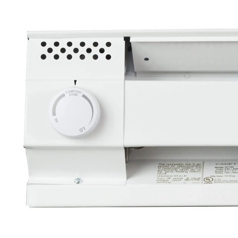 Close-up of Single Pole Built In Thermostat Kit For Electric Baseboard Heaters F Series, white dial, easy install on heater.