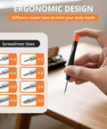 Ergonomic design of screwdriver from All In One Eyeglass Repair Kit With Eight Screwdriver Types Sixteen Screw Sizes Twelve Nose Pad Pairs