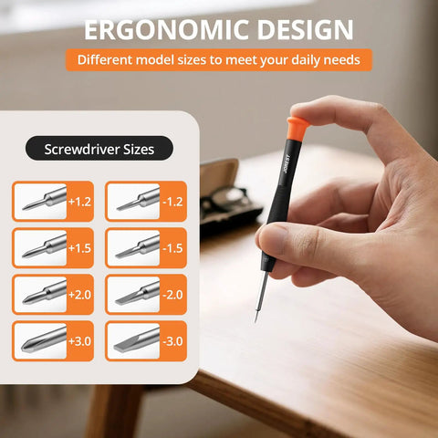 Ergonomic design of screwdriver from All In One Eyeglass Repair Kit With Eight Screwdriver Types Sixteen Screw Sizes Twelve Nose Pad Pairs