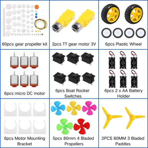 DIY DC Motor Kit For Makers With Dual 3V To 12V Motors Up To 25000 RPM 60 Gear Pack Awesome Paddles And Propellers Shafts And Wheels 2AA Battery Holder Boat Rocker Switch Perfect For DIY Science Projects components on display