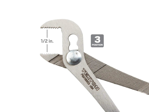 Close-up of the Five Inch Angle Nose Slip Joint Pliers With Half Inch Jaw, Three Position Adjustments, showing 1/2 inch jaw capacity.