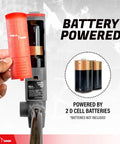Battery Powered Fuel Transfer Pump 2 Pack With Quick Stop Nozzle Siphons Up To Two Point Six GPM With Flow Control Spill Free For Gas Diesel And More Lockable Nozzle Portable Siphon Pump Kit, shown with 2 D cell batteries