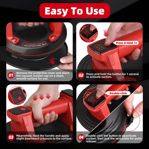 Step-by-step guide showing Electric Vacuum Suction Cup Lifter With Auto Start Pump And LED Display Dual 3000mAh Batteries usage