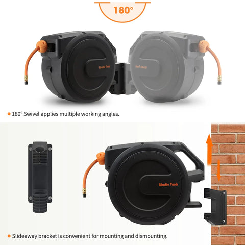 Retractable Air Hose Reel With Enclosed Housing, Three Eighths Inch By 50 Ft Hybrid Hose, Wall Mount With 180 Degree Swivel Bracket