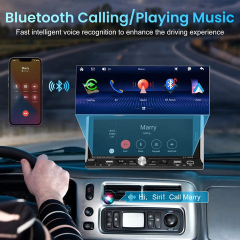 Single Din Car Stereo With Wireless Apple CarPlay And Android Auto 6.9 Inch IPS Touchscreen displaying Bluetooth calling feature.