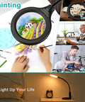 10X Magnifying Glass With Light And Clamp For Close Work, flexible gooseneck LED desk lamp in use for painting, crafting, reading.