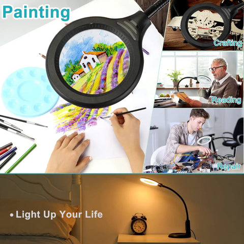 10X Magnifying Glass With Light And Clamp For Close Work, flexible gooseneck LED desk lamp in use for painting, crafting, reading.