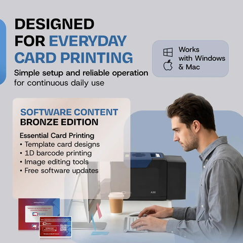 Man operating a Dual Sided ID Card Printer With Complete Supplies Kit And Silver Edition Software Drops Knockout One Pass Prints At 300 DPI.