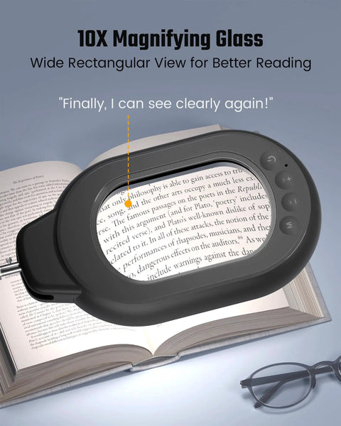 Crystal Clear 10X Square Magnifying Desk Lamp with Dimmable LED Light, showing magnified book text
