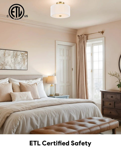Bedroom with Two Light Semi Flush Mount Ceiling Light With Pleated White Shade Bronze Finish E26 Bulb Compatible Twelve Point Two Inch