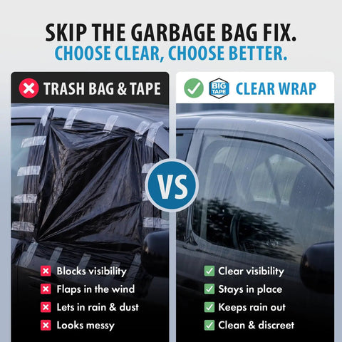 Comparison of trash bag with tape vs Emergency Car Window Cover Tape 12ft XL Waterproof 17.5 Inch Wide No Residue Temporary Glass Repair Film