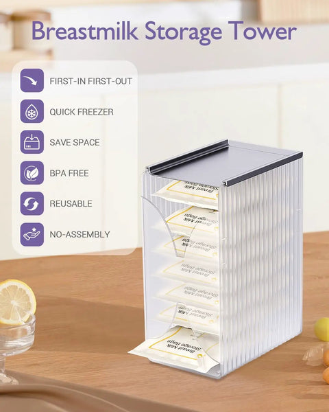 Breastmilk Storage Organizer Freezer Tower With Quick Freeze Tray And Fifo System For New Moms, holding breastmilk bags.