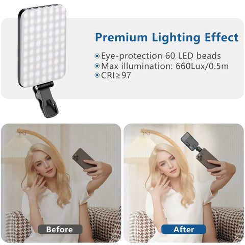 60 LED Portable Selfie Light With Clip On And Tripod Adapter Rechargeable 2200mAh High CRI 97 Plus Three Lit Modes Before After