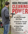 Person using AR 2600 PSI Pressure Washer Pump Replacement With 2.2 GPM, Seven Eighths Inch Shaft, cleaning house siding outdoors.