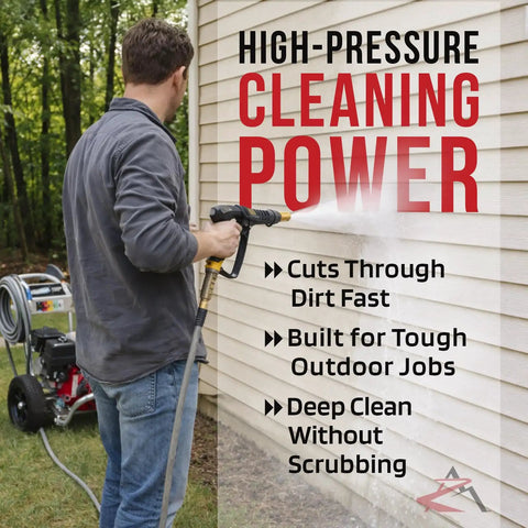 Person using AR 2600 PSI Pressure Washer Pump Replacement With 2.2 GPM, Seven Eighths Inch Shaft, cleaning house siding outdoors.