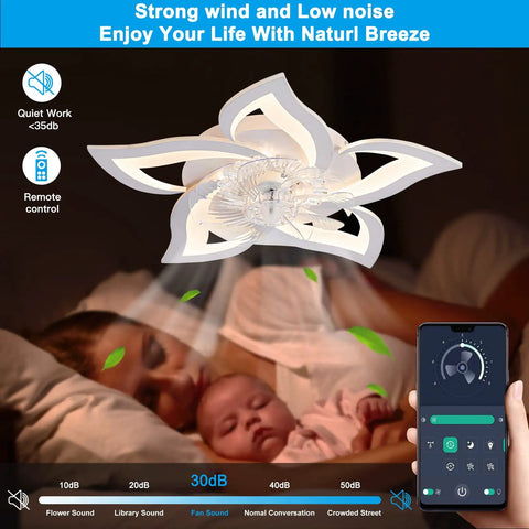 Low Profile Ceiling Fan With Light Remote Control, 26 inch sleek flush mount, illuminating room over sleeping mother and baby