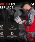 Mechanic checking laptop for fuel pump issues beside a vehicle, "When to Replace" and checklist visible in the background.