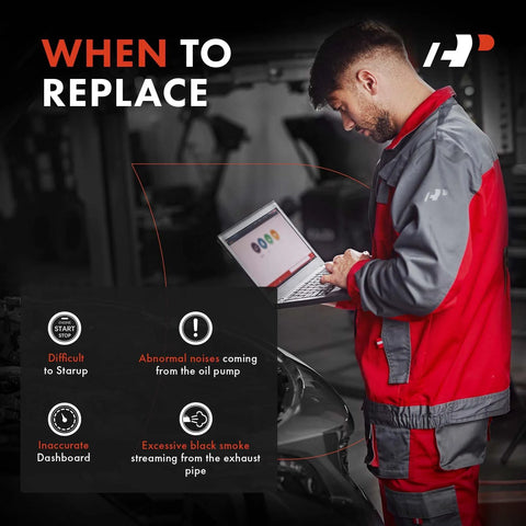 Mechanic checking laptop for fuel pump issues beside a vehicle, "When to Replace" and checklist visible in the background.