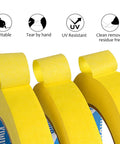 Yellow Painter Tape 1 Inch By 60 Yards Pack Of 10 Rolls For Painting And DIY Projects, showing writable, UV resistant features