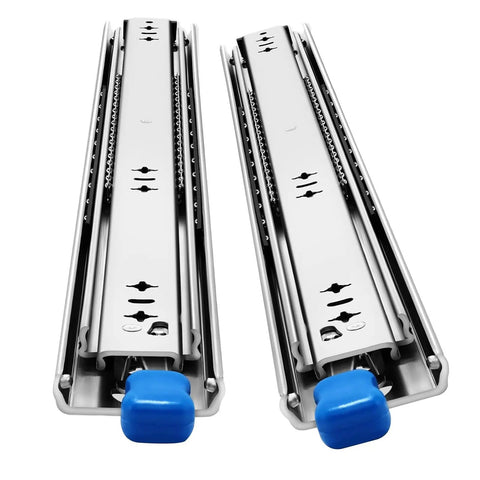 Two heavy duty locking drawer slides with side mount ball bearing rails, detachable for machine tables and production line conveyors.