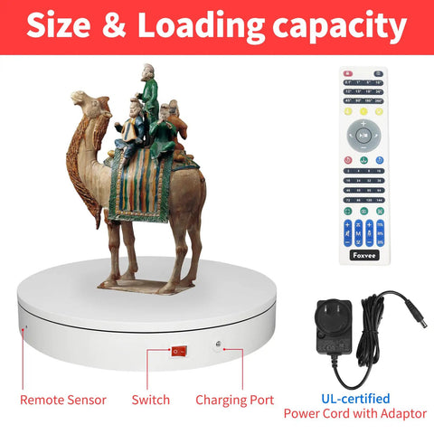 Heavy Duty Electric Rotating Turntable With Motorized Remote Control For 3D Scanning And 360 Video Shows Speed Adjustable Photography Display Stand Platform Supports Up To 400 Lb Load Capacity In White Finish with camel figure and remote control.