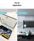 PA-04 24V actuator collage showing two installations: marine hatch and wall-mounted TV setup