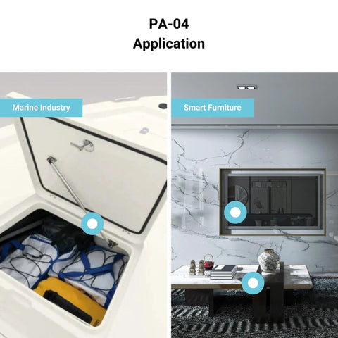 PA-04 24V actuator collage showing two installations: marine hatch and wall-mounted TV setup