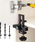 Cabinet Door Mounting Jig With Adjustable Positioner And Drill Jig 2-In-1 Cabinet Hardware Tool shown installed with 3 drill bits