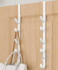 Metal Over The Door Hooks For Hanging And Organizing Purses Coats Hats Towels And Clothes Ideal For Bathroom Closet And Shower Back Of Door Use With Adhesive Mounts And EVA Pads For Door Protection White Two Pack installed on wooden door