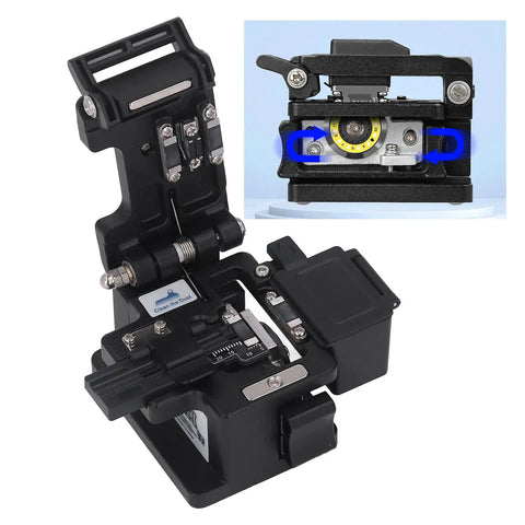 Heavy-Duty Optical Fiber Cleaver Machine With Precise 0.5 Degree Cutting Angle, high durability, sleek black design for cable repairs.