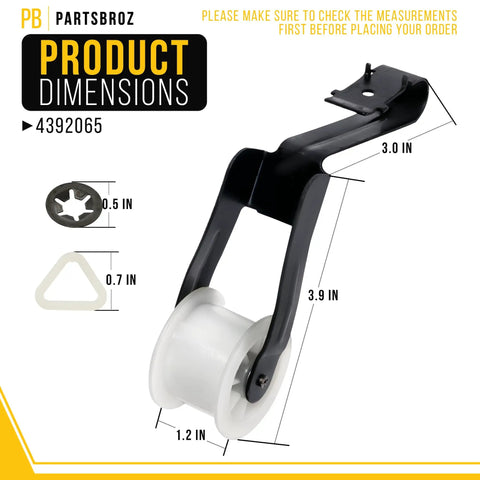 Must Have Dryer Repair Kit 4392065 component dimensions with pulley and brackets for Whirlpool DIY Fix.