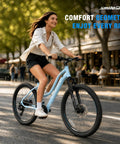 Woman riding Womens 26 Inch Mountain Bike With Shimano 21 Speed Rear Derailleur Twist Grip Shifter Dual Disc Brakes Lockout