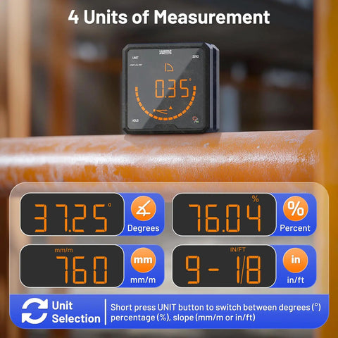 Built Tough Digital Angle Gauge And Bevel Finder With Rock Solid Magnetic Base and Bright Backlit Screen showing measurement units.