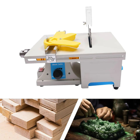 Beast Multifunction Mini Table Saw And Lathe Kit with wood and jade crafting visuals