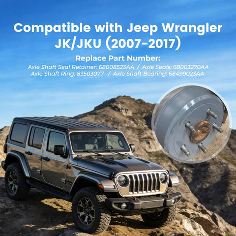 Beefed Up Rear Axle Bearing With Seal And Retainer Kit for Jeep Wrangler JK JKU 2007 Through 2017 shown with Jeep vehicle.