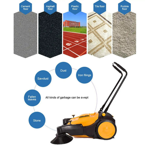 Heavy Duty Manual Floor Sweeper With Foldable Handle And 12 Gallon Waste Container For Commercial Use. This Motorless Machine Covers 38,000 Square Feet Per Hour Providing A Quiet, Efficient Cleaning Solution For Any Space Without Needing Electricity Or