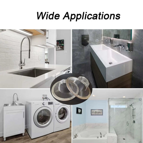 Super Sturdy 10 Pack Stainless Steel Drain Strainers For Sink And Tub Rust Proof Mesh Hair Catchers displayed in various bathroom applications.