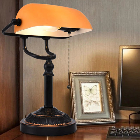 Bankers Desk Lamp With USB Port, Dope Rustic Oil Rubbed Bronze Finish, Pull Chain Desk Light With Amber Yellow Glass Shade