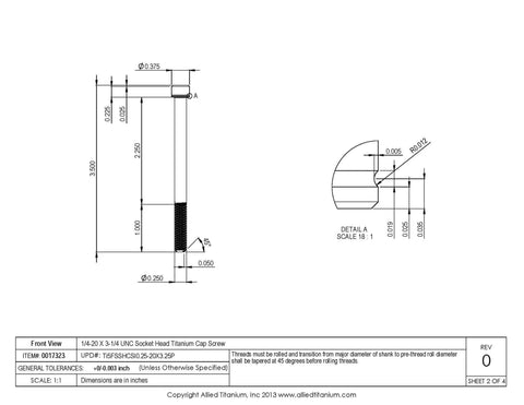 Pack Of Three 1/4-20 By 3-1/4 Inch Ti-6Al-4V Titanium Socket Head Cap Screws Grade 5 Heavy Duty Bolts detailed technical drawing.
