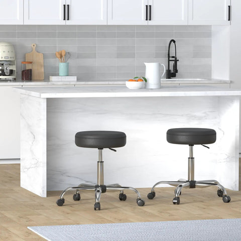 Drafting Stool On Wheels With Adjustable Height, 360 Degree Swivel, Black Bonded Leather, Chrome Base, Heavy Duty Casters