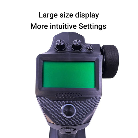 FS G7P Plus FS R11P RC Transmitter And Receiver with large display and intuitive settings, black plastic finish, top view