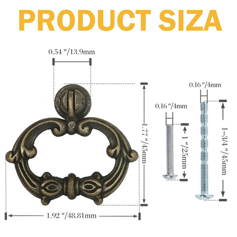 Dimensions of Six Bronze Oval Drop Ring Drawer Pull, with screws and measurements, for dressers and cabinets, vintage style zinc alloy knobs.
