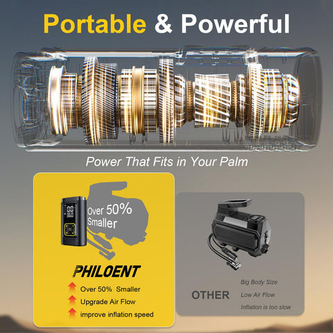 Transparent view of Portable Tire Inflator With Gauge 150 PSI showing internal components beside product size comparison chart.